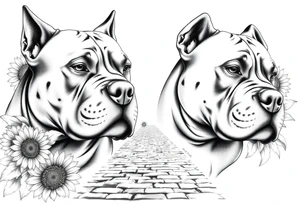 Very thick muscled up pitbull portraits fading into the background as filler incorporate sunflowers, an old road made from pavers tattoo idea