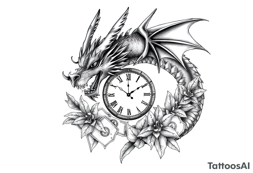 Dark dragon tattoo with clock, dollars and palms on background tattoo idea