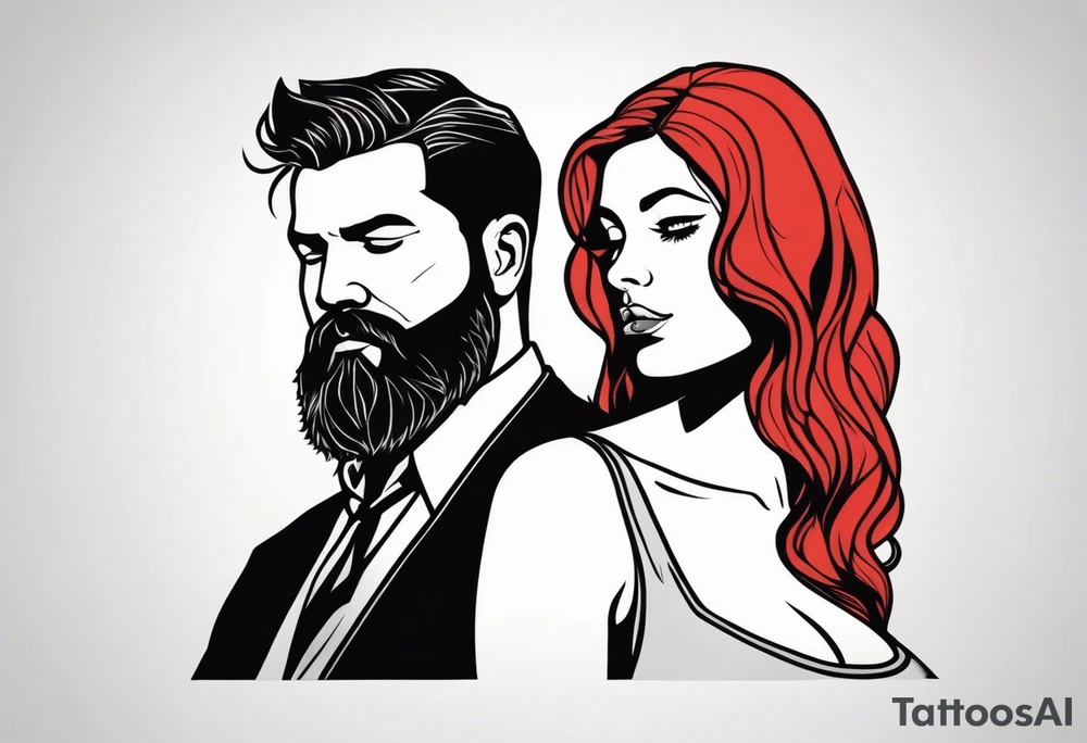 Busty Red haired woman with black haired bearded man tattoo idea
