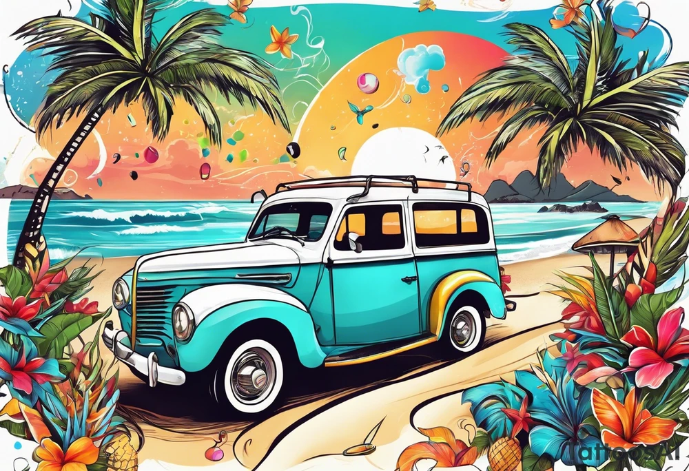 SURFING SAFARI BEACH PARTY WITH CONFETTI AND MUSIC NOTES, TROPICAL DRINKS, BIKINIS tattoo idea