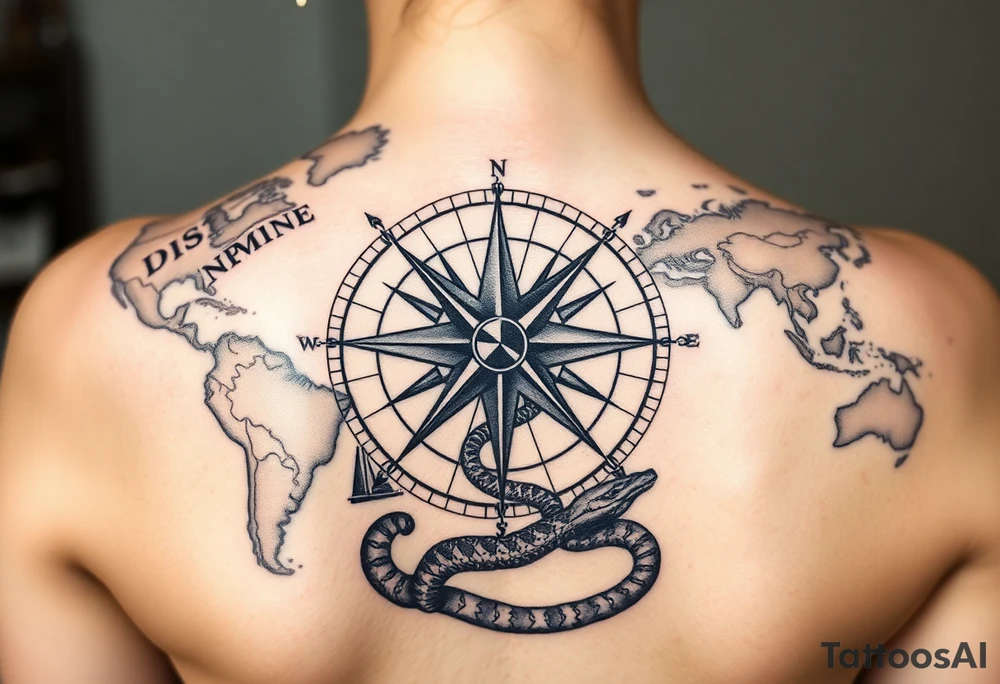 antique compass rose overlaid on weathered world map with sailing ships and a snake tattoo idea