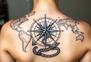 antique compass rose overlaid on weathered world map with sailing ships and a snake tattoo idea