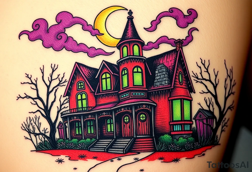 Tim Burton’s haunted victorian home is abandoned and dripping with muted reds, dusty pinks, and eerie green glow.purple and cyan smokey clouds swirl in the crescent moonlit sky thats sprinkled with stars tattoo idea tattoo idea