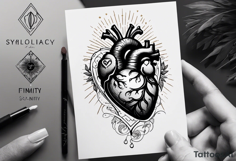 A detailed tattoo design featuring a realistic anatomical heart with a prominent scar running diagonally behind it, symbolizing resilience and healing. Inside the heart, there is an infinity symbol, representing eternal love and strength. To the left of the heart, a radiant sun shines with stylized rays, symbolizing positivity and vitality. To the right of the heart, a crescent moon balances the composition, representing calmness and introspection.

The overall design should be elegant and symbolic, with clean, modern lines, black and gray shading, and subtle textures for depth. The sun and moon should harmonize with the heart while maintaining a balanced and cohesive aesthetic. tattoo idea