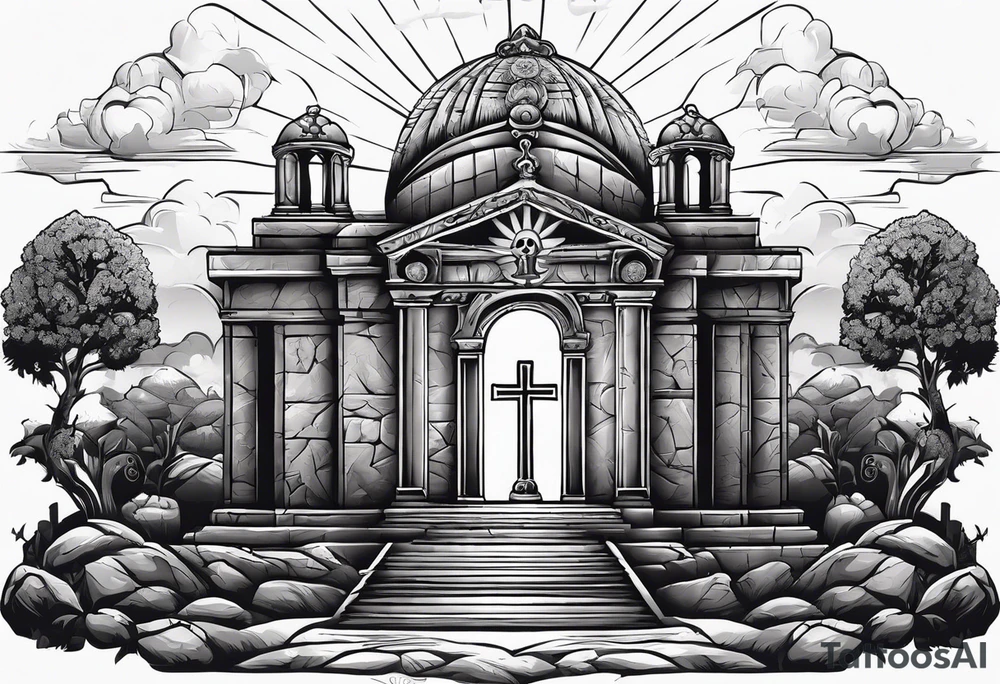 Tomb with cross and sun in the background tattoo idea