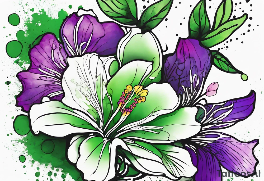 A mystical outline of a rio dipladenia flower and a green/purple watercolor splash in the background tattoo idea