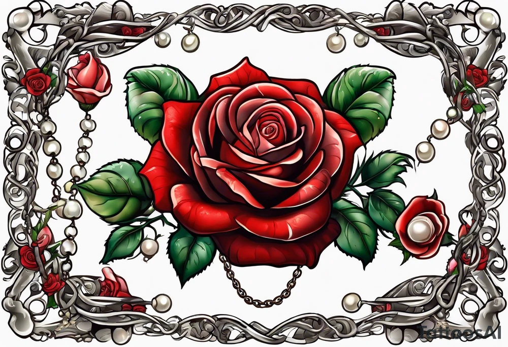 Red roses with a chain made of pearls and seashells tattoo idea