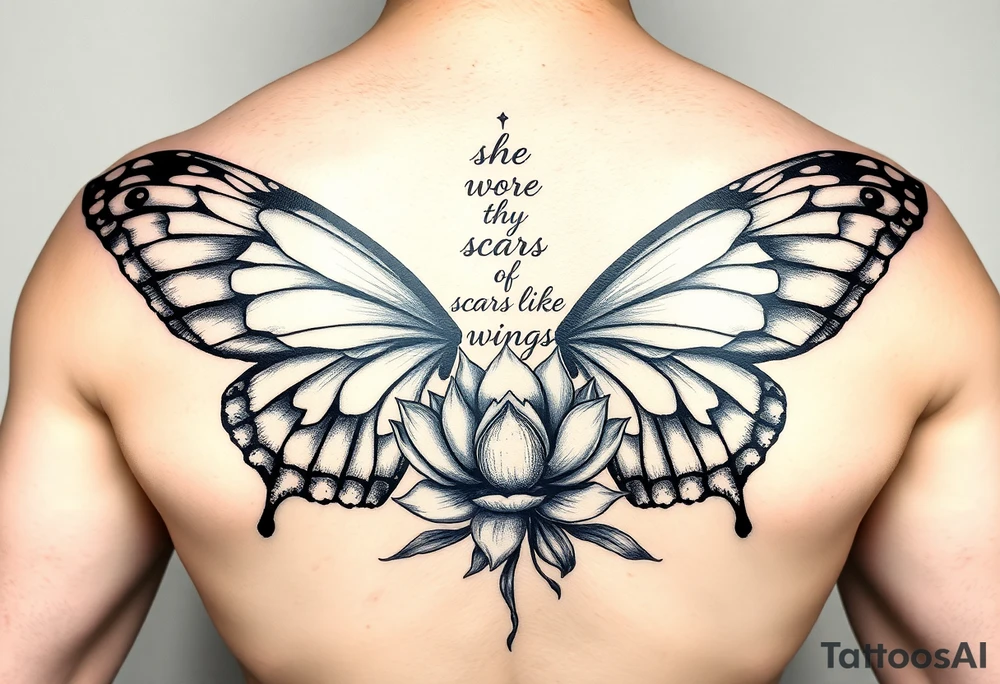 butterfly with cracked wings and lotus flower with quote that says “she wore her scars like wings” all down spine but very elegant towards lower back tattoo idea
