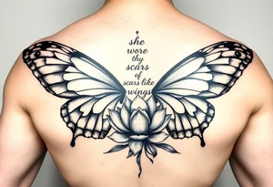 butterfly with cracked wings and lotus flower with quote that says “she wore her scars like wings” all down spine but very elegant towards lower back tattoo idea