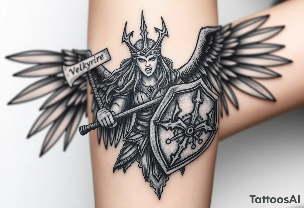 A fierce looking Valkyrie with very big dark wings. The whole body should be visible. 
She's wielding a menacing axe and a sturdy shield with a vegvisir symbol. 

Her face is screaming with battle rage.

She's heavily armored and ready for battle tattoo idea