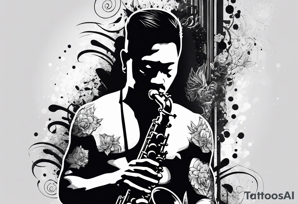 Muay thai boxer playing on tenor saxophone in a jazz club front of a jazz trio band. The notes are coming out from the saxophone and turning into buddhist symbols. tattoo idea