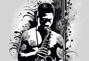 Muay thai boxer playing on tenor saxophone in a jazz club front of a jazz trio band. The notes are coming out from the saxophone and turning into buddhist symbols. tattoo idea