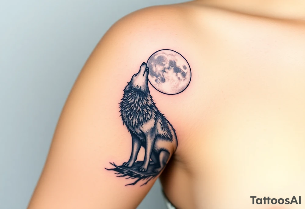 lone wolf howling at full moon with northern lights backdrop tattoo idea