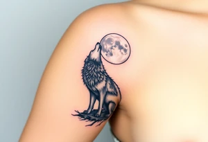 lone wolf howling at full moon with northern lights backdrop tattoo idea