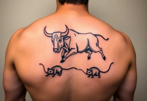 I want a tattoo with a bull with its horns down running full body chasing a rat on my lower back like cartoon tattoo idea