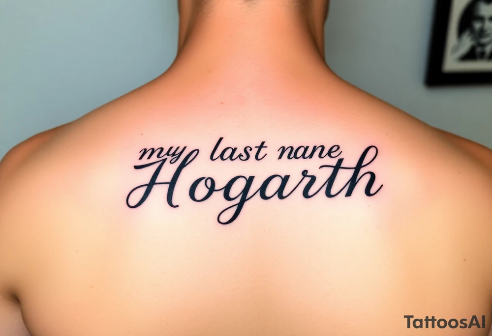 my last name (Hogarth) in calligraphy style lettering thin with like cursive writing in the middle of my back at the top just under my neck tattoo idea