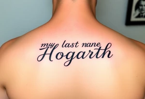 my last name (Hogarth) in calligraphy style lettering thin with like cursive writing in the middle of my back at the top just under my neck tattoo idea