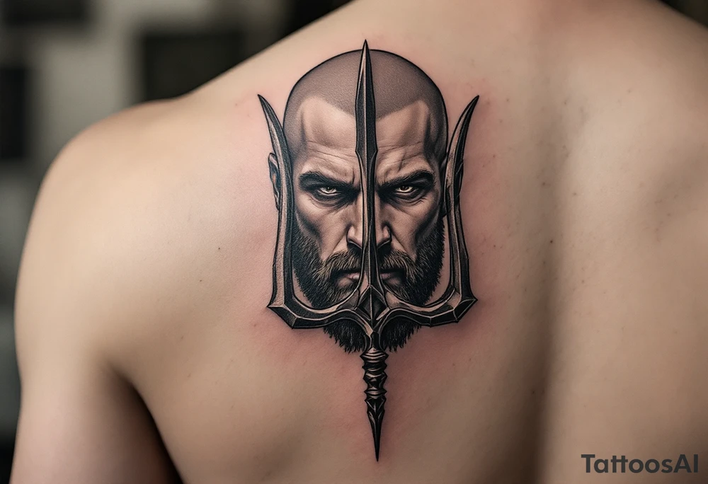 close-up muscular man behind a trident
no beard tattoo idea