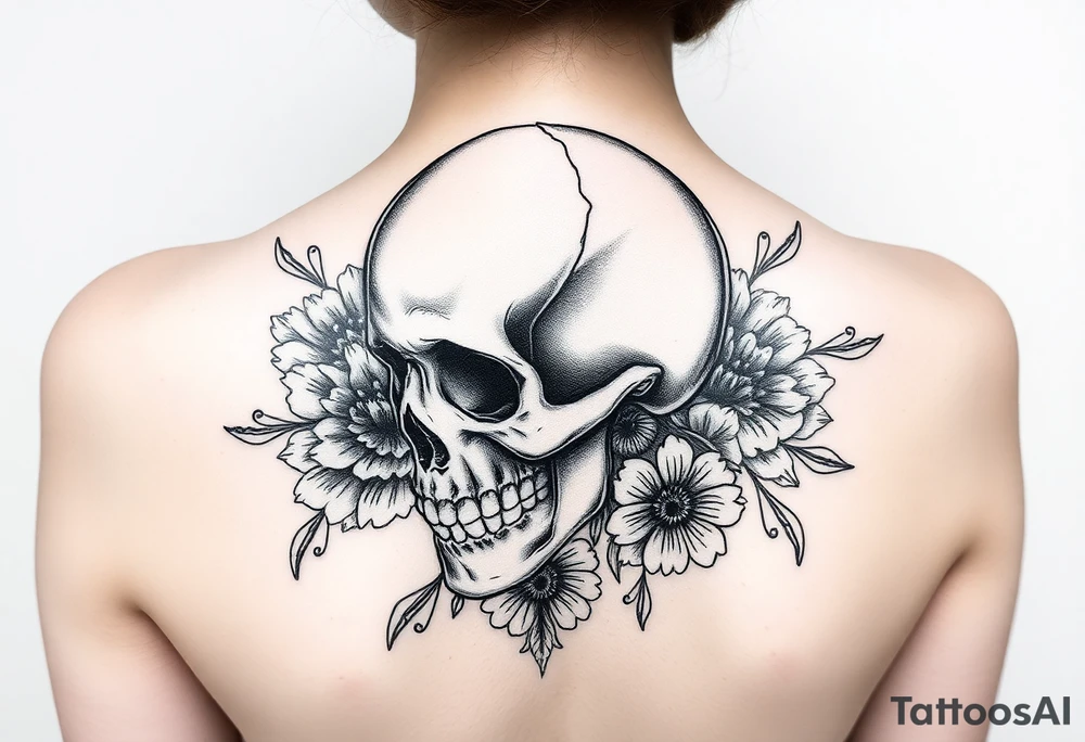 skull slightly facing left, surrounded by floral ornaments tattoo idea
