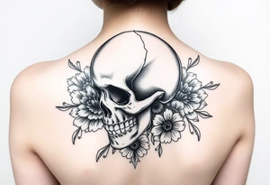 skull slightly facing left, surrounded by floral ornaments tattoo idea
