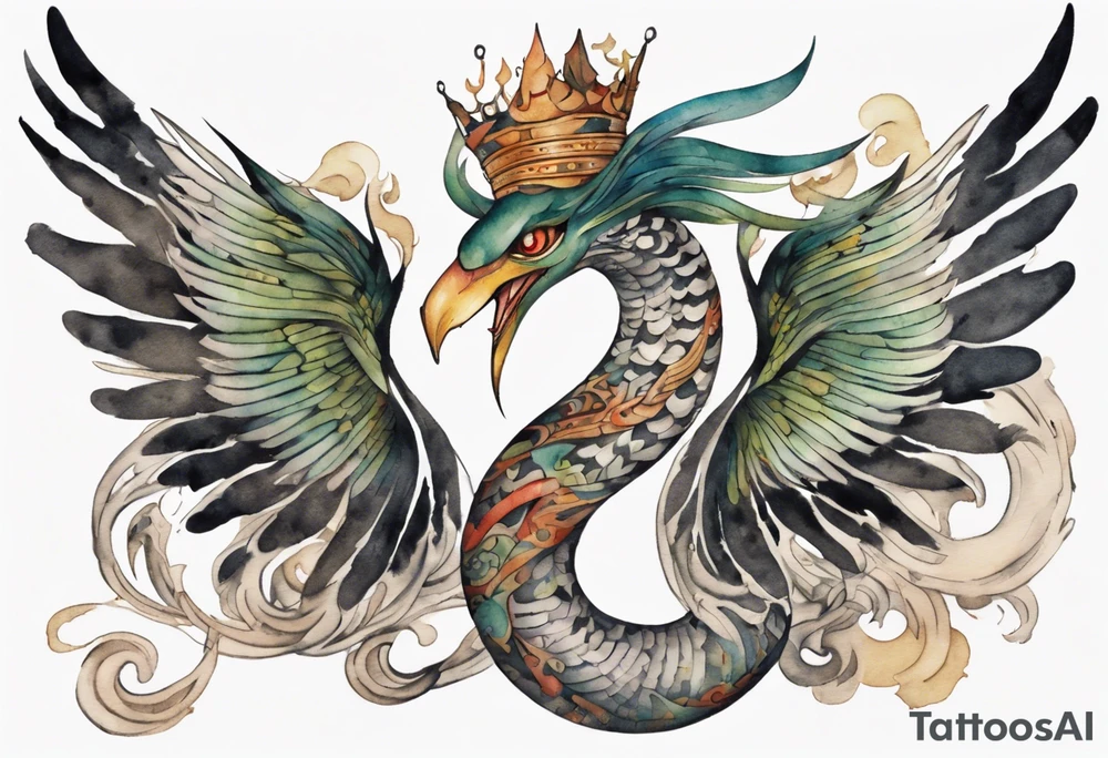 a watercolor of a bird-serpent hybrid wearing an iron crown, flying tattoo idea