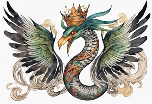 a watercolor of a bird-serpent hybrid wearing an iron crown, flying tattoo idea