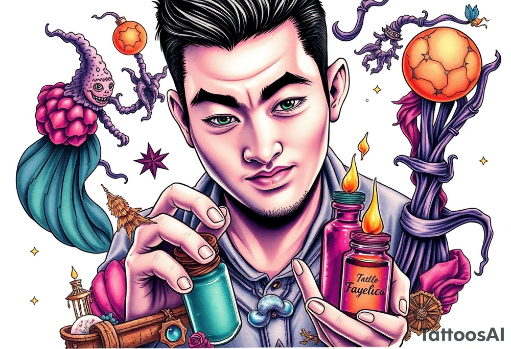 Handsome Asian young adult guy is  accidentally stumbled upon witch tools, supplies, artifacts, potions and exploring it curiously tattoo idea
