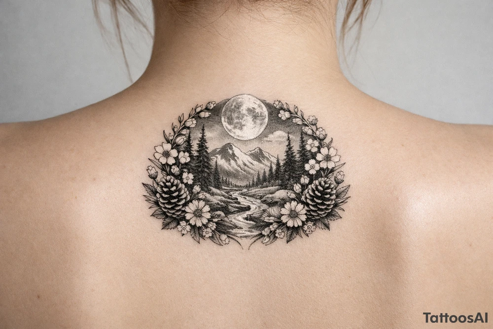 Full moon, mountains, stream surrounded by pine trees, encircled with wildflowers and pinecones tattoo idea