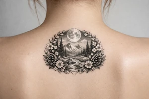 Full moon, mountains, stream surrounded by pine trees, encircled with wildflowers and pinecones tattoo idea