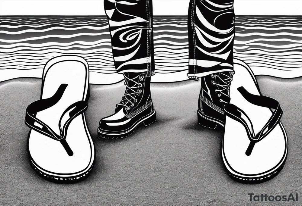 Two flip flops next to a pair of timberland boots on the Beach. tattoo idea