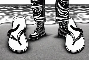Two flip flops next to a pair of timberland boots on the Beach. tattoo idea