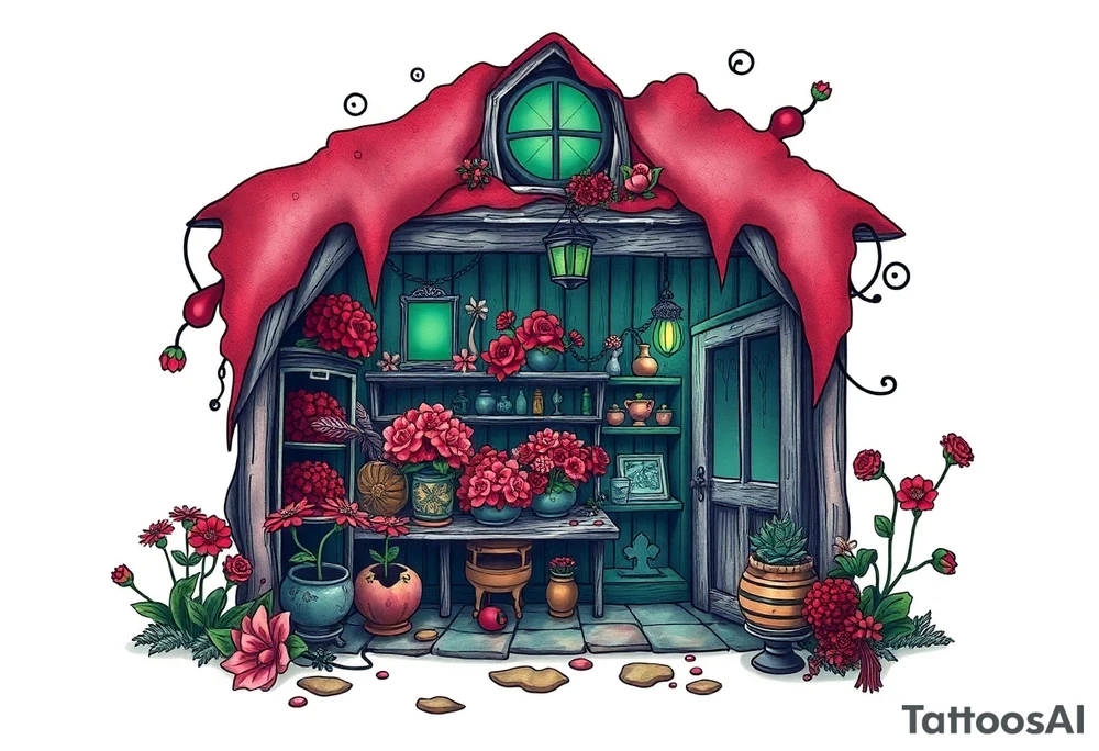 Tim Burton’s flower shop is abandoned and dripping with muted reds, dusty pinks, and eerie green glow. tattoo idea tattoo idea