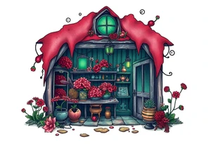 Tim Burton’s flower shop is abandoned and dripping with muted reds, dusty pinks, and eerie green glow. tattoo idea tattoo idea