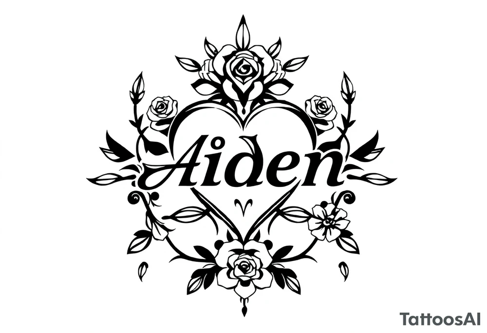 The name Aiden hearts and roses and vines tattoo idea
