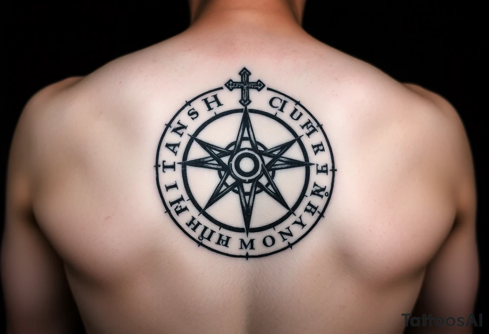 satanic cross and ancient runes with Latin words on back of hand in a circle format tattoo idea