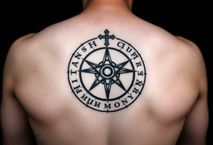 satanic cross and ancient runes with Latin words on back of hand in a circle format tattoo idea