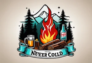 American traditional tattoo of campfire in the woods with a coke can and whiskey. A banner saying “Never too cold” tattoo idea