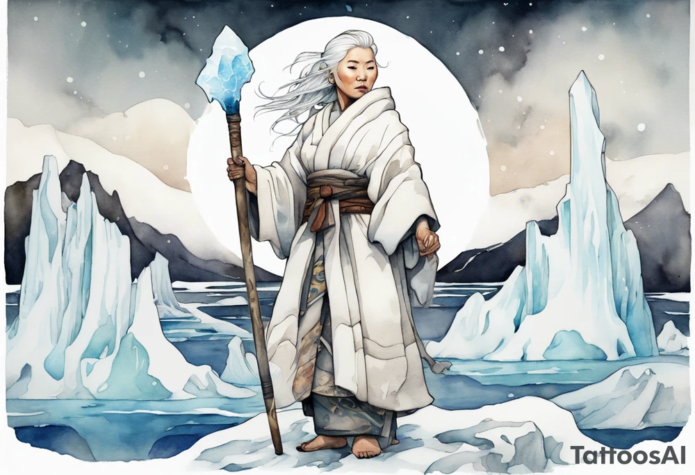 a 40 year old Inuit woman with white hair and a white robe holding a white staff, standing on an iceberg tattoo idea