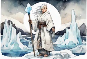 a 40 year old Inuit woman with white hair and a white robe holding a white staff, standing on an iceberg tattoo idea