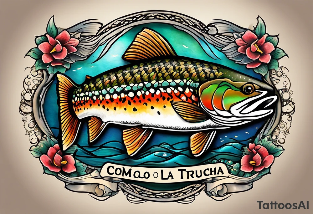 A small tattoo with a shaded trout and text that says, 'Como la trucha...' drawn with fine lines." tattoo idea