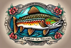 A small tattoo with a shaded trout and text that says, 'Como la trucha...' drawn with fine lines." tattoo idea
