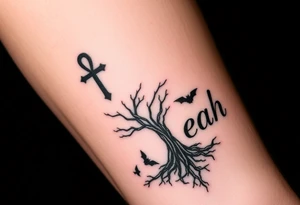 An ankh, 1-18in Roman numerals, a poison tree silhouette with a moon and bat silhouettes, the name Leah tattoo idea