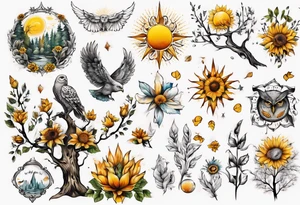 wasser, sonne, eule  wald, 
blume des lebens, 
baum, berlin tattoo idea