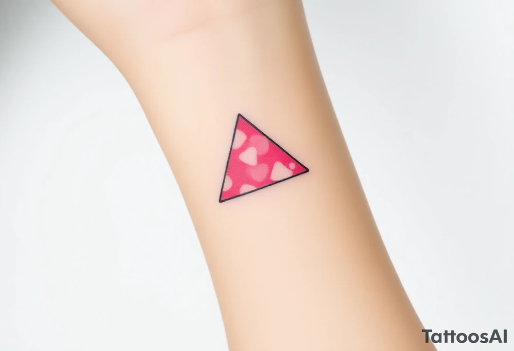 A watercoloured pink triangle (upsidedown), with very small black lining and upside down. Just the colour pink. No shapes. Just the colour pink in a gradient filling the triangle and a small black outline tattoo idea