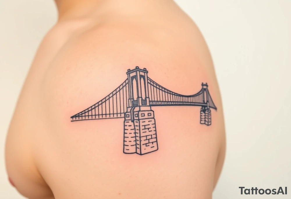 Fine line tattoo of the fort Duquesne bridge with vintage vibes, small and place it on left arm, just above the elbow tattoo idea