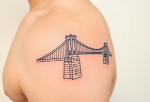 Fine line tattoo of the fort Duquesne bridge with vintage vibes, small and place it on left arm, just above the elbow tattoo idea