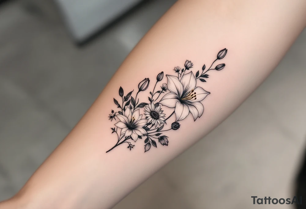 Stargazer lillies with small sunflowers and tulip buds in a dainty wildflower bouquet with stems tattoo idea