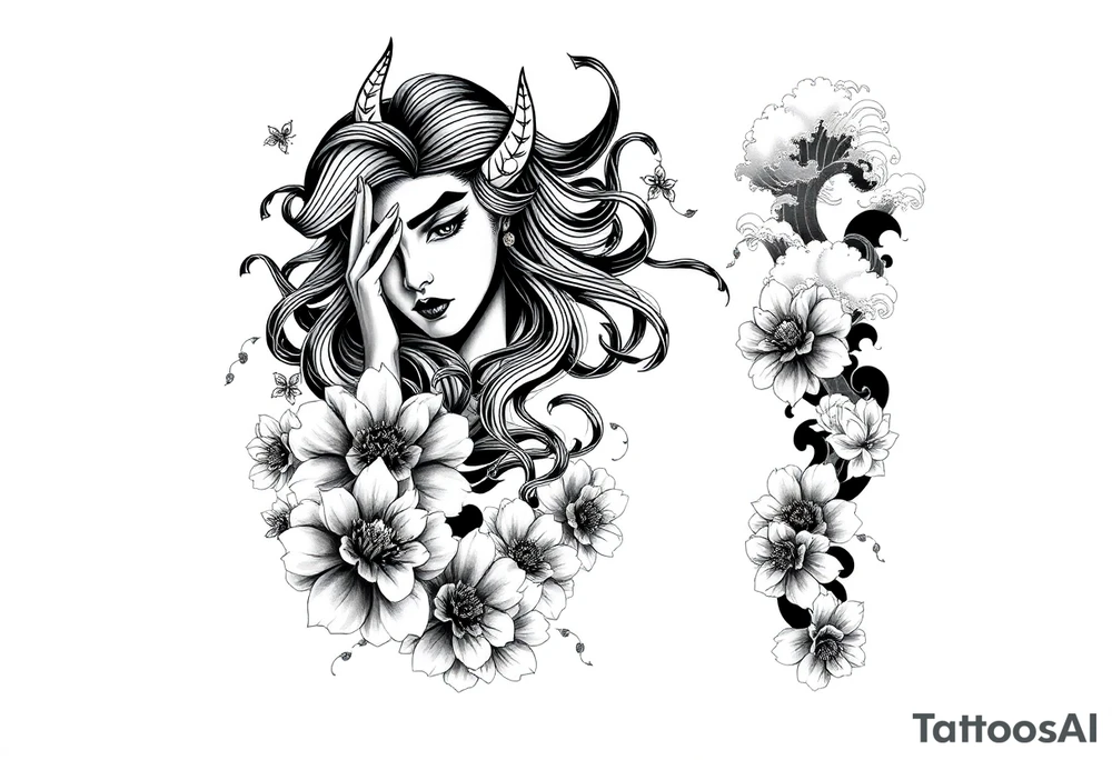 Full sleeve tattoo design for a male arm, wrapping from shoulder to wrist.  featuring a beautiful female oni (demon woman) with an elegant, mysterious expression, one hand partially covering her face, long flowing hair integrated into bold wind bars and wave patterns, large chrysanthemums and peonies weaving through the composition. Strong negative space with large black fills, bold flowing shapes, and smooth grey shading. Traditional Japanese cloud and water motifs in the background, balanced composition with the oni face as the main focal point on the upper arm, seamless flow down the arm to the wrist. High contrast black and grey, crisp linework, dynamic and dramatic. tattoo idea
