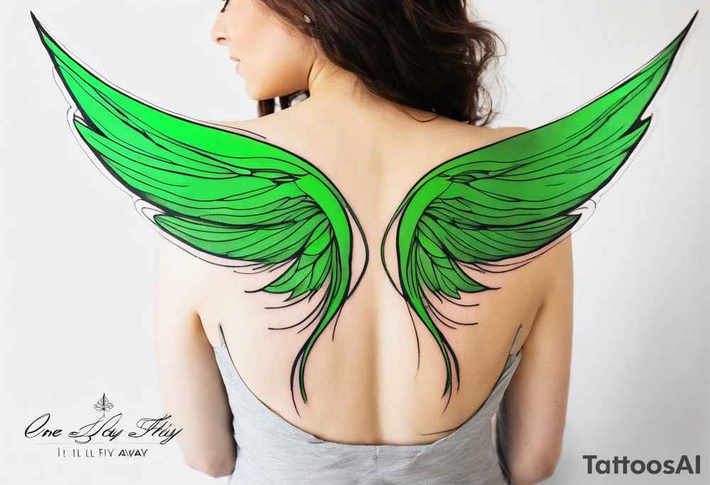 Green fairy wings with text “one day I’ll fly away” tattoo idea