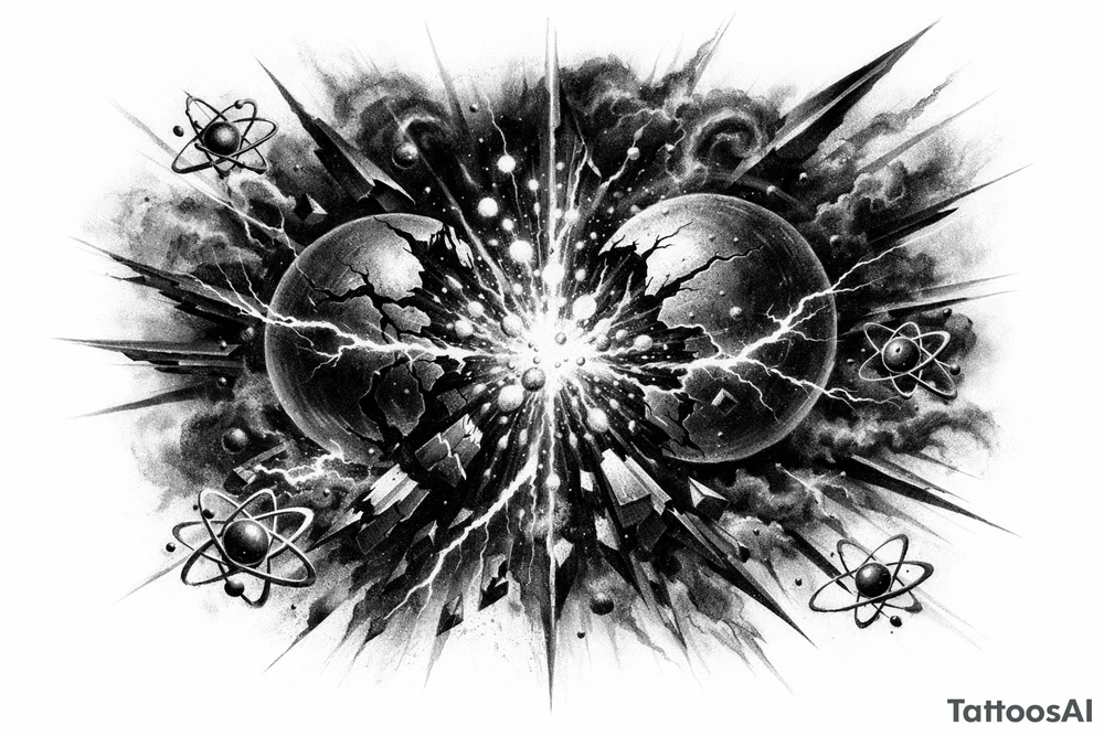 Abstract representation of nuclear fission with glowing particles and dark energy. tattoo idea